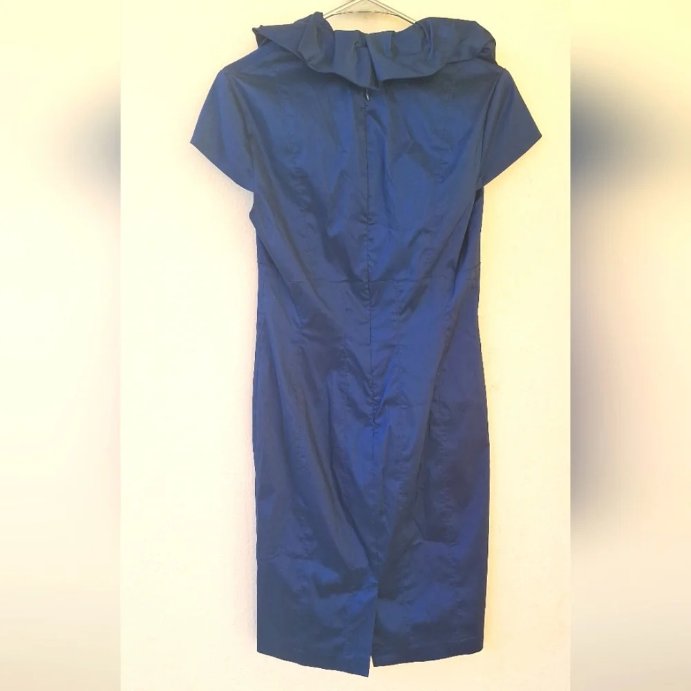 Adrianna Papell Navy Blue Metallic Taffeta Ruffle Neck Women's Dress Size 10 - Picture 4 of 9